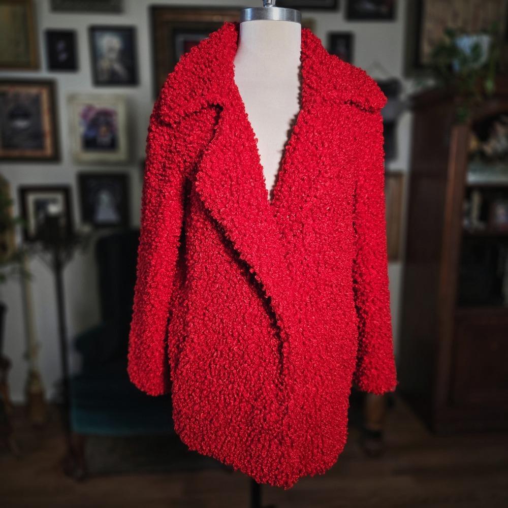 Shaci Red Teddy Coat Faux Fur Jacket Womens Small Curly‎ Shaggy Bold Statement
